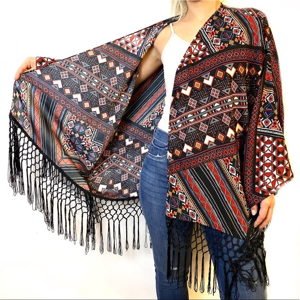 Harper&Liv Boho Tribal Kimono Cover Up with Fringe